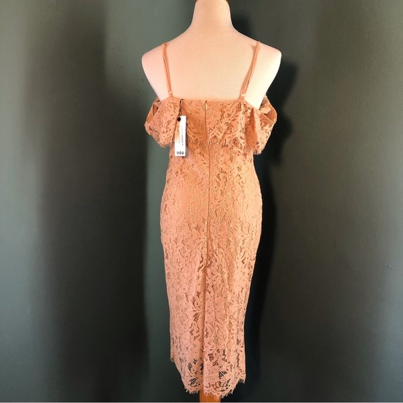 Jess lace open shoulder midi dress , pencil cut, nude by boohoo - Picture 3 of 6